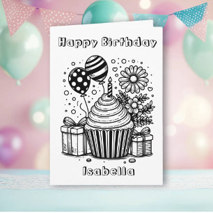 Colour Me Page Cupcake and Flowers Girl's Birthday Card