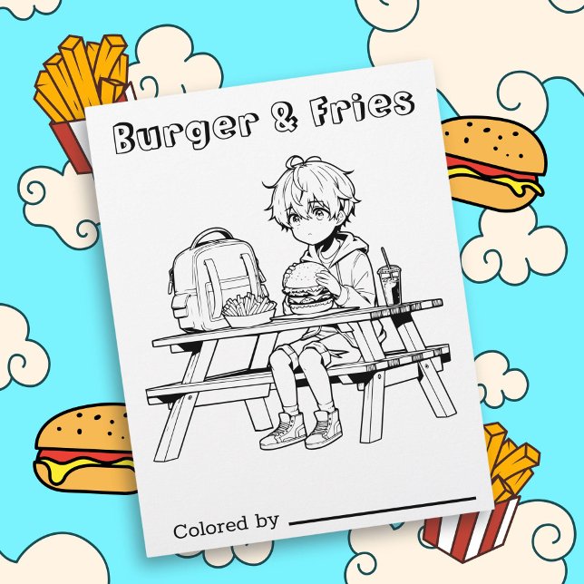 Colour Me Page for Kids | Anime Boy Burger and Fri (Creator Uploaded)