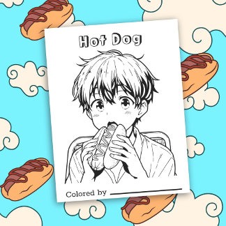 Colour Me Page for Kids | Anime Boy eating a Hotdo