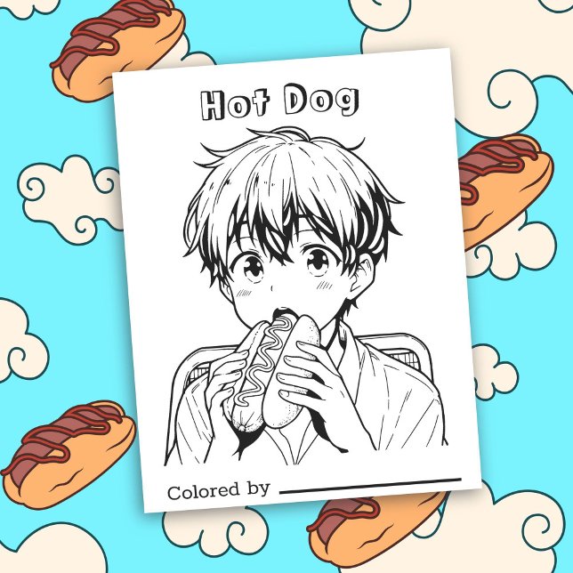 Colour Me Page for Kids | Anime Boy eating a Hotdo (Creator Uploaded)