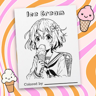 Colour Me Page for Kids | Anime Girl with Ice Crea