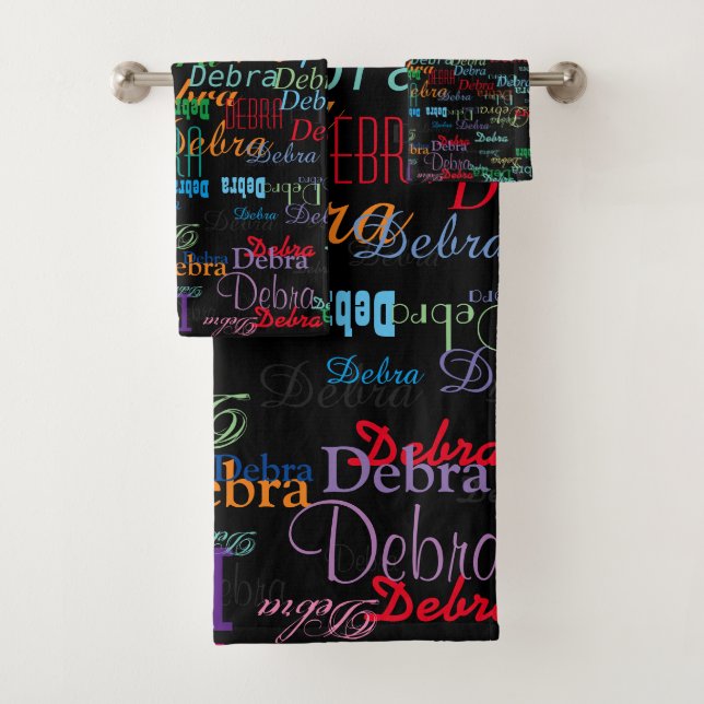 Colour Names Pattern on Black Bath Towel Set (Insitu)