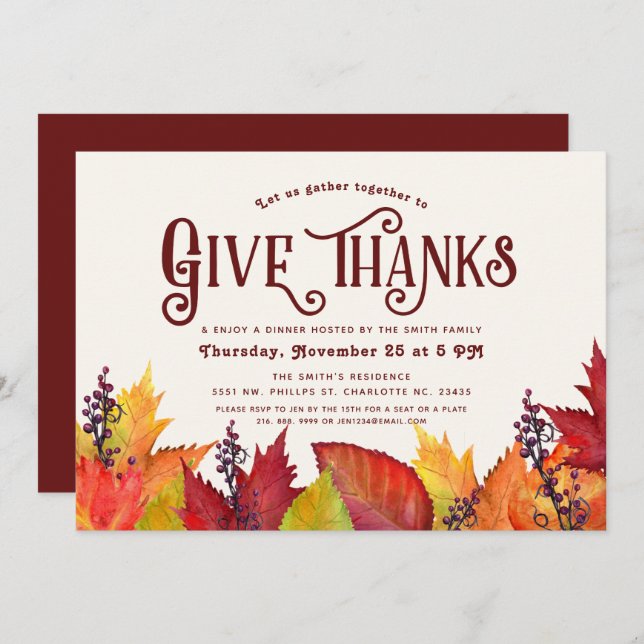 Colour of Autumn | Give Thanks Thanksgiving Dinner Invitation (Front/Back)