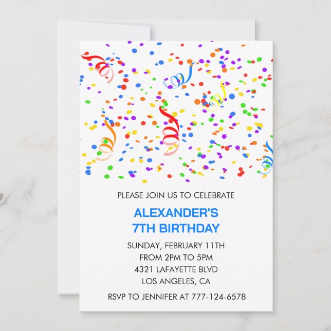 Colour party invitations blue boy confetti rainbow (Front)