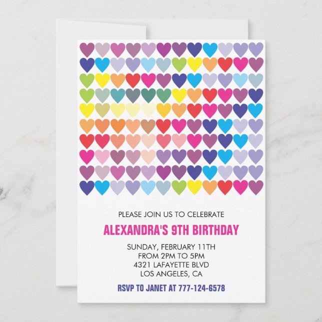 Colour party invitations Rainbow Heart Modern 9TH (Front)