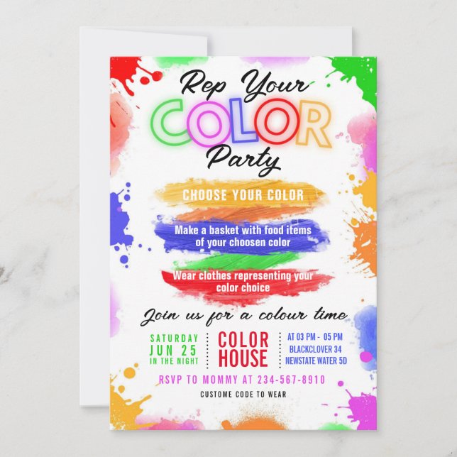 Colour Party Light Invitation Editable Invitation (Front)