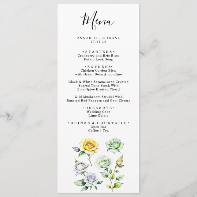 Colour Pencil Art Floral Roses Wedding Menu Card (Front)