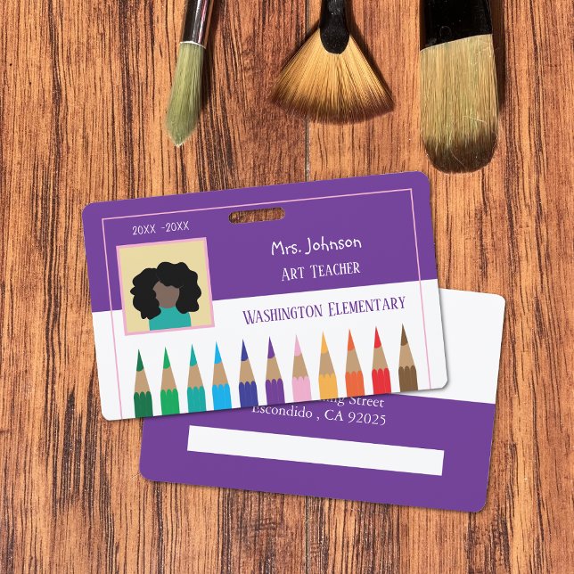 Colour Pencil Art Teacher Purple Horizontal Badge ID Badge (Color pencils art teacher purple and white horizontal photo ID badge .)