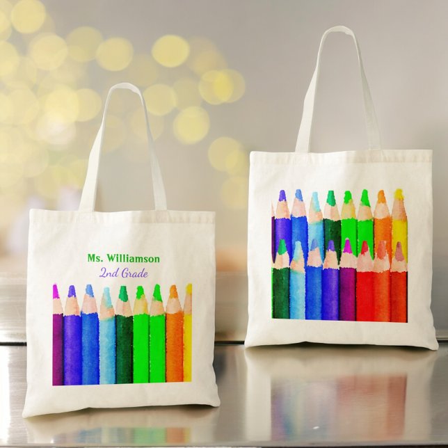 Colour Pencils Back To School Custom Teacher Name Tote Bag (custom front and back tote bag design)