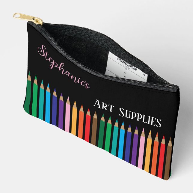 Colour Pencils Doodle Black Pouch With Name (Open)