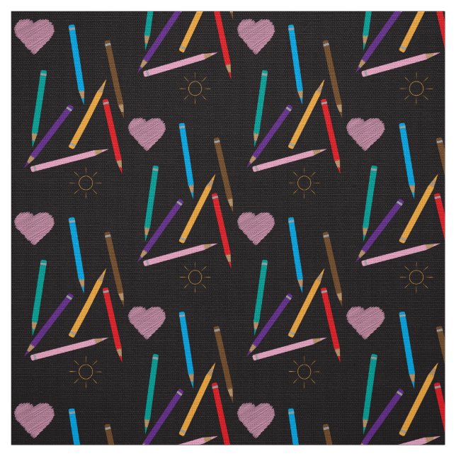 Colour Pencils Doodle Pattern Black Fabric (Swatch)