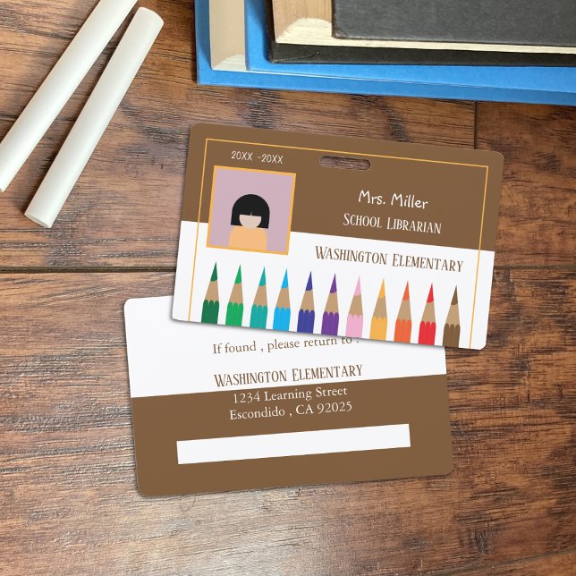 Colour Pencils Doodle School Librarian Brown Badge ID Badge (Color pencils doodle school librarian horizontal photo ID badge .)