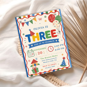 Colour Pop THREE Birthday Party Invitation