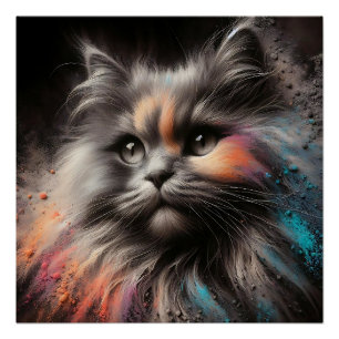 Colour Splash Abstract Feline Art Long-Haired Cat  Poster