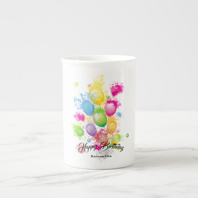 Colour Splash Birthday Balloons Bone China Mug (Front)