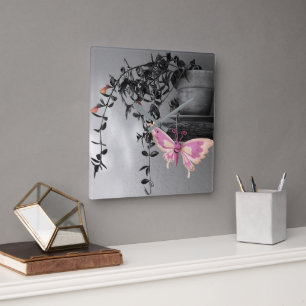 Colour Splash Butterfly Still Life Photograph Square Wall Clock