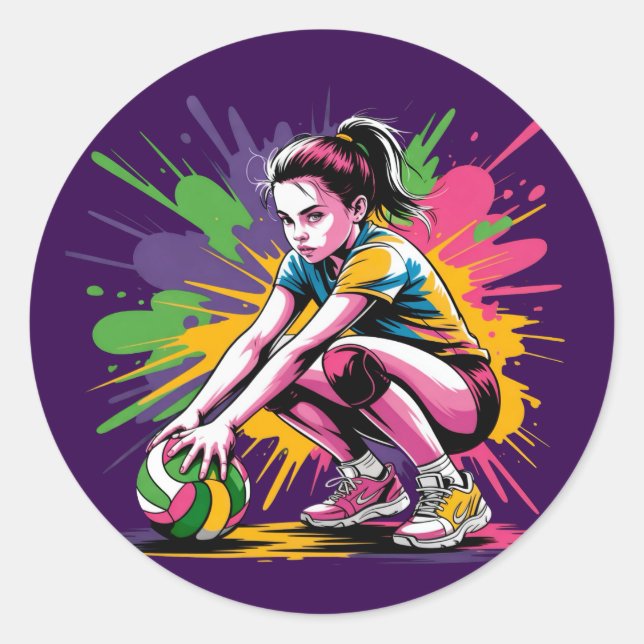 Colour Splash Volleyball Girl Birthday Party Classic Round Sticker (Front)