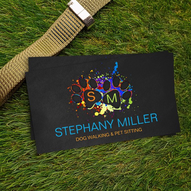 Colour Splatter Paws Monogram - Dog Walker /Sitter Business Card (Creator Uploaded)
