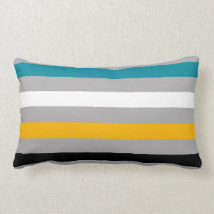 Colour stripes in grey, teal, white, yellow, black lumbar cushion