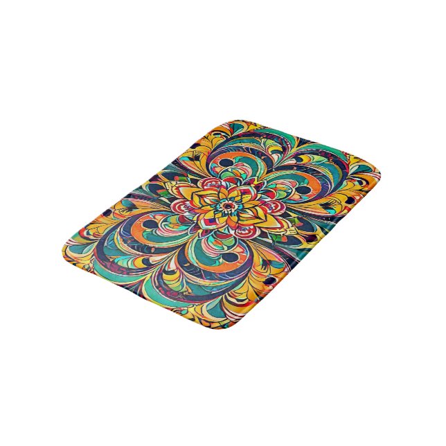 Colour Symphony Mandala – Bold Psychedelic Floral Bath Mat (Angled)