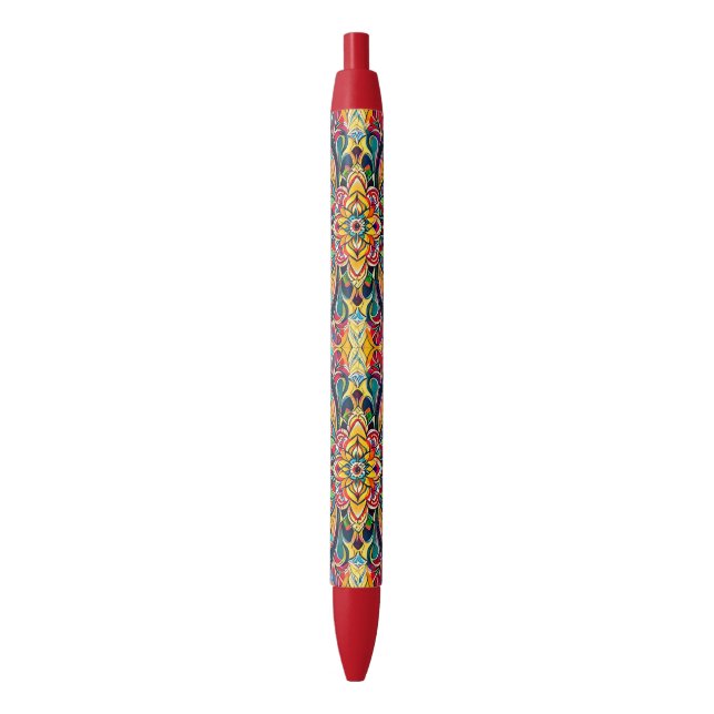 Colour Symphony Mandala – Bold Psychedelic Floral Black Ink Pen (Front Vertical)