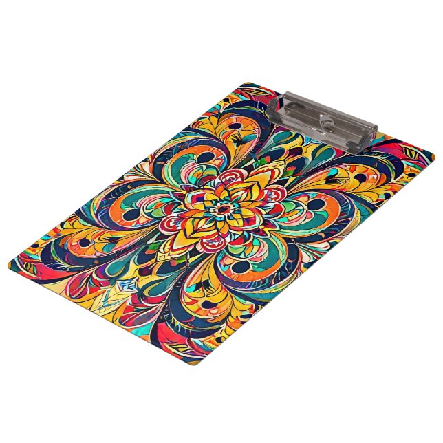 Colour Symphony Mandala – Bold Psychedelic Floral Clipboard (Angled)