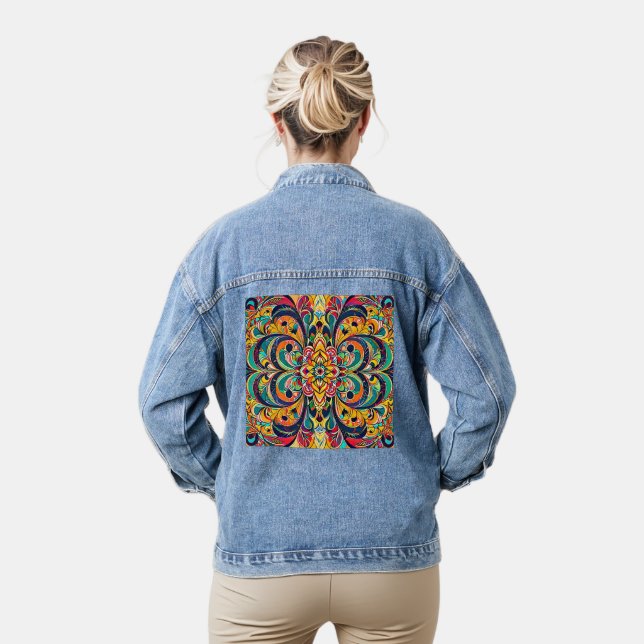 Colour Symphony Mandala – Bold Psychedelic Floral Denim Jacket (Model)