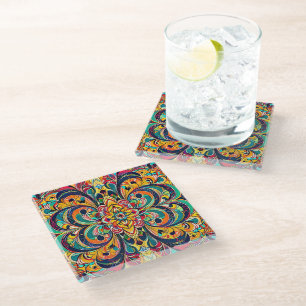 Colour Symphony Mandala – Bold Psychedelic Floral Glass Coaster