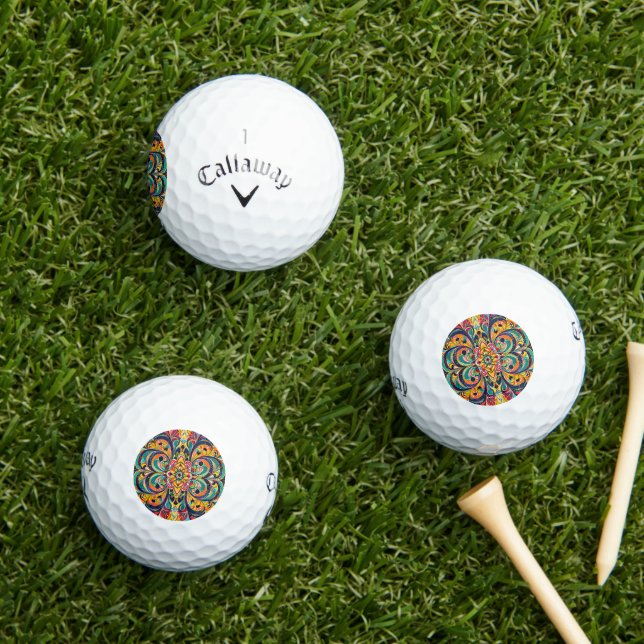 Colour Symphony Mandala – Bold Psychedelic Floral Golf Balls (Insitu Grass)
