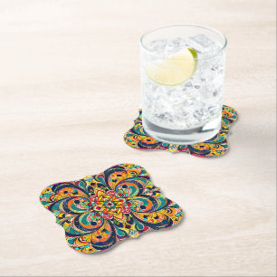 Colour Symphony Mandala – Bold Psychedelic Floral Paper Coaster