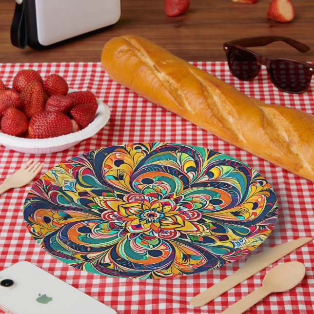 Colour Symphony Mandala – Bold Psychedelic Floral Paper Plate (Picnic)