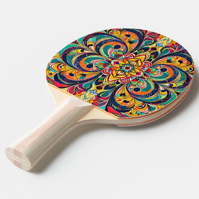Colour Symphony Mandala – Bold Psychedelic Floral Ping Pong Paddle (Front Angle)