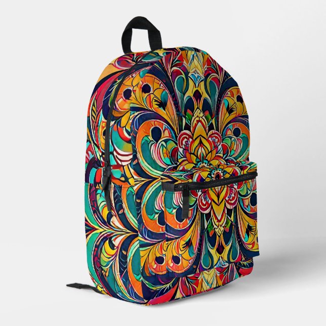 Colour Symphony Mandala – Bold Psychedelic Floral Printed Backpack (Back Corner Left)