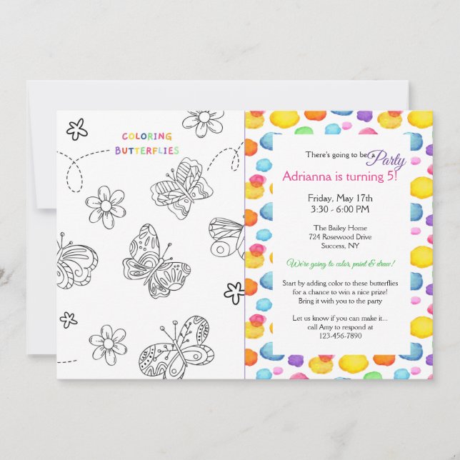 Colour the Butterflies Birthday  Invitation (Front)