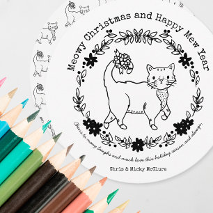 Colour Your Own Cat Circle Christmas Holiday Card