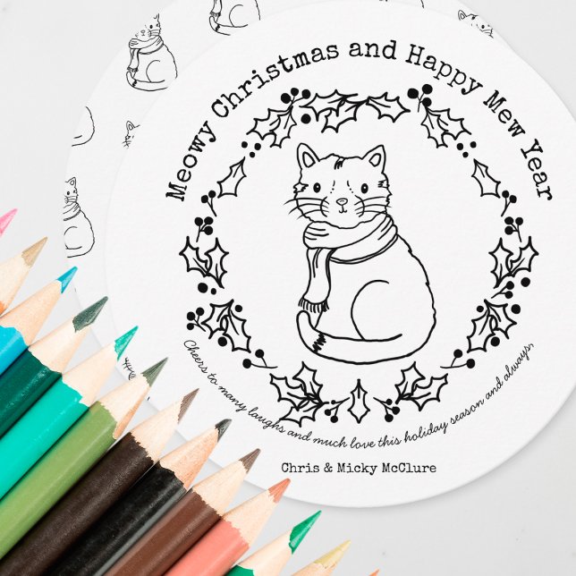 Colour Your Own Cat Circle Christmas Holiday Card (Creator Uploaded)