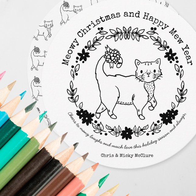 Colour Your Own Cat Circle Christmas Holiday Card (Creator Uploaded)