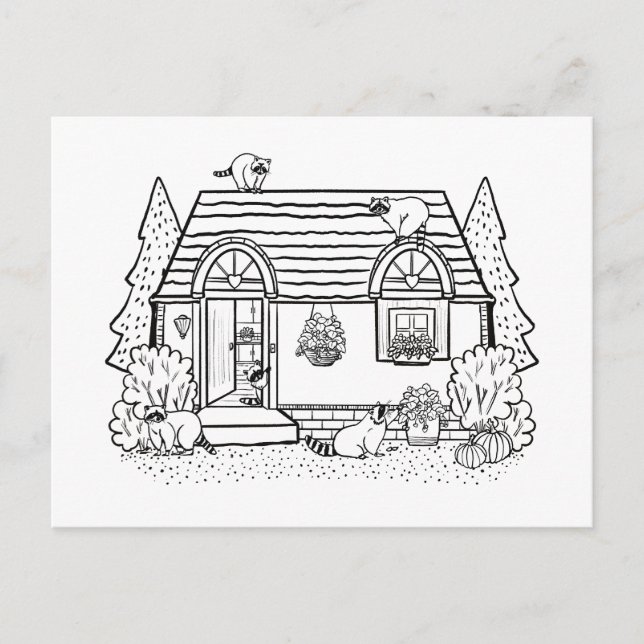 Colour Your Own Cosy House and Raccoons Blank Postcard (Front)