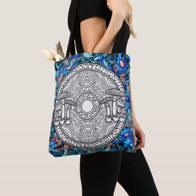 Colour Your Own Mushroom Mandala Craft Blue Floral Tote Bag (Close Up)