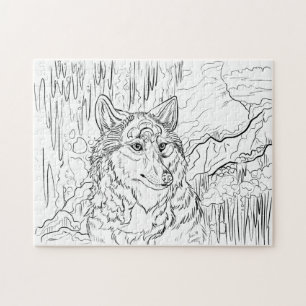 Colour Your Own Wolf Cavern Line Art Jigsaw Puzzle
