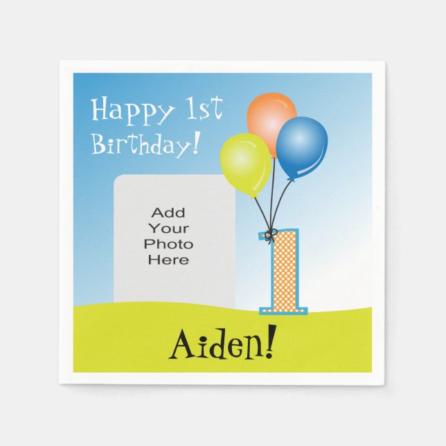 Coloured Balloons Child's 1st Birthday Photo Napkin (Front)