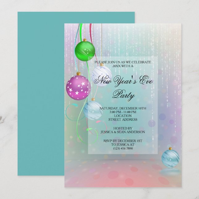 Coloured Baubles & Decorations New Year's Eve Part Invitation (Front/Back)