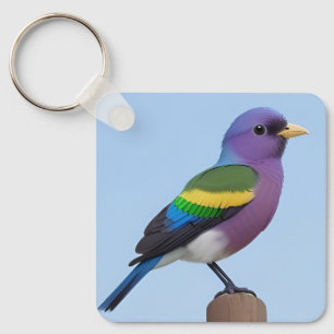 Coloured Bird Perched on a Wooden Post Key Ring