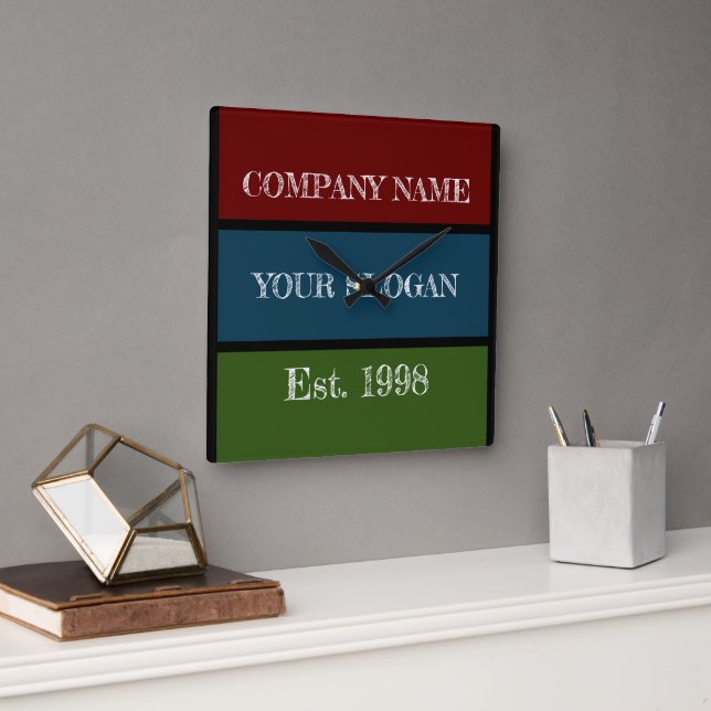 Coloured Block Style Company Name Square Wall Clock (Office)