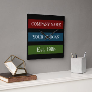 Coloured Block Style Company Name Square Wall Clock