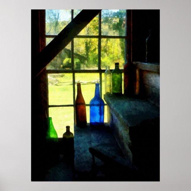 Coloured Bottles on Steps Poster (Front)