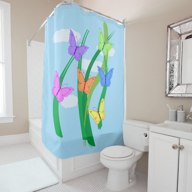 Coloured Butterflies and Sky Shower Curtain (In Situ)