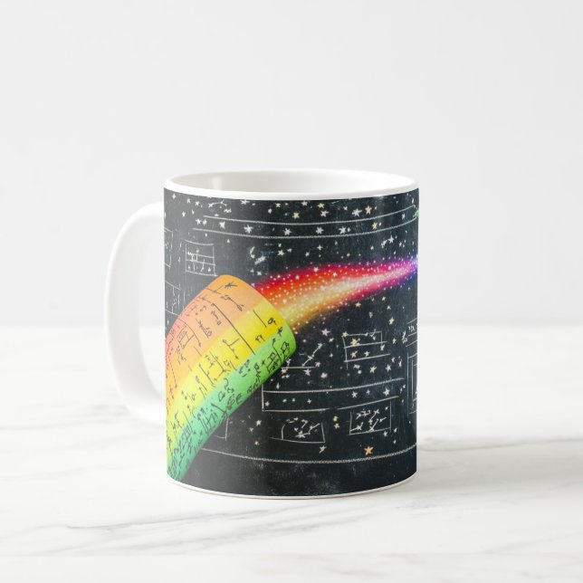 Coloured chalk on a blackboard depicts educational coffee mug (Front Left)