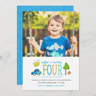 Coloured Doodles 4th Birthday Party Invite / Car