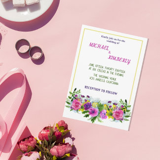 Coloured flowers golden frame Wedding Invitation